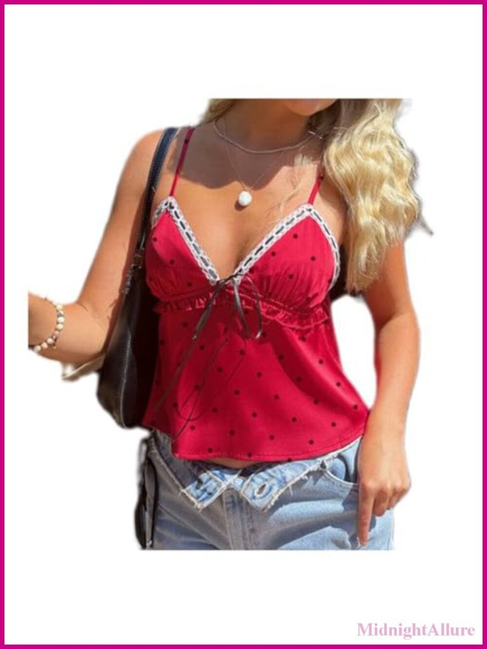 Women Polka Dot Lace Trim Cami Top Adjustable Spaghetti Straps Ruffled Hem Bow